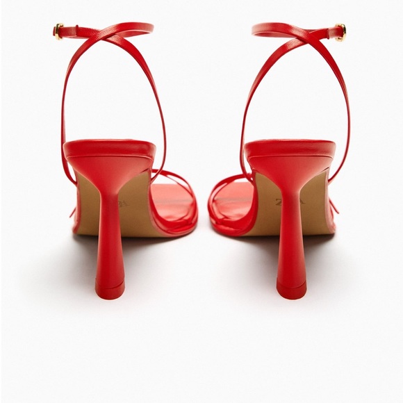 ZARA RED STRAPPY HEELED 100% LEATHER SANDALS - Picture 7 of 11